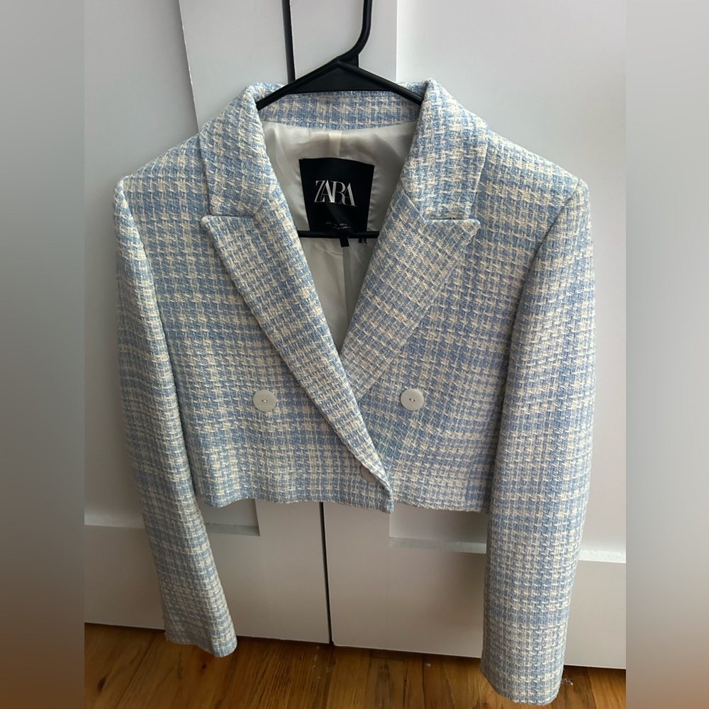 Zara cropped tweed blue jacket